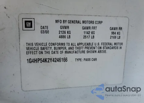 2000 Buick Lesabre Custom z USA, uszkodzony, nr VIN 1G4HP54K2Y4246166